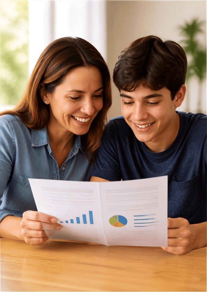 A parent and teenager smiling while reviewing a written evaluation report.